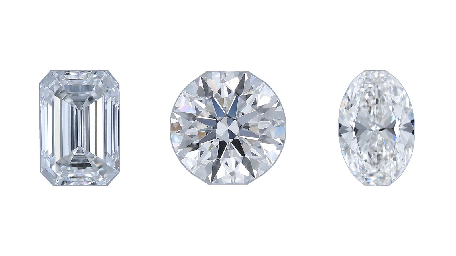 Emerald, round, and oval lab-grown diamonds from Carat Confidential, still frames from each stone's 360° video